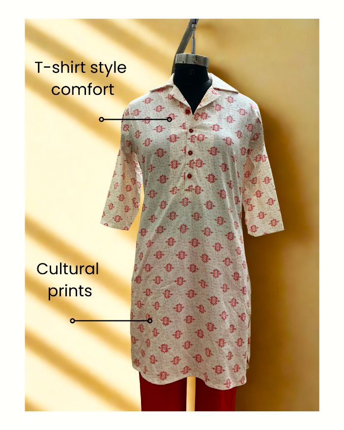 Motif Muse Button Up T-shirt Kurta Set (T-shirt Button Up Printed Motifs Kurta and Pant Set)