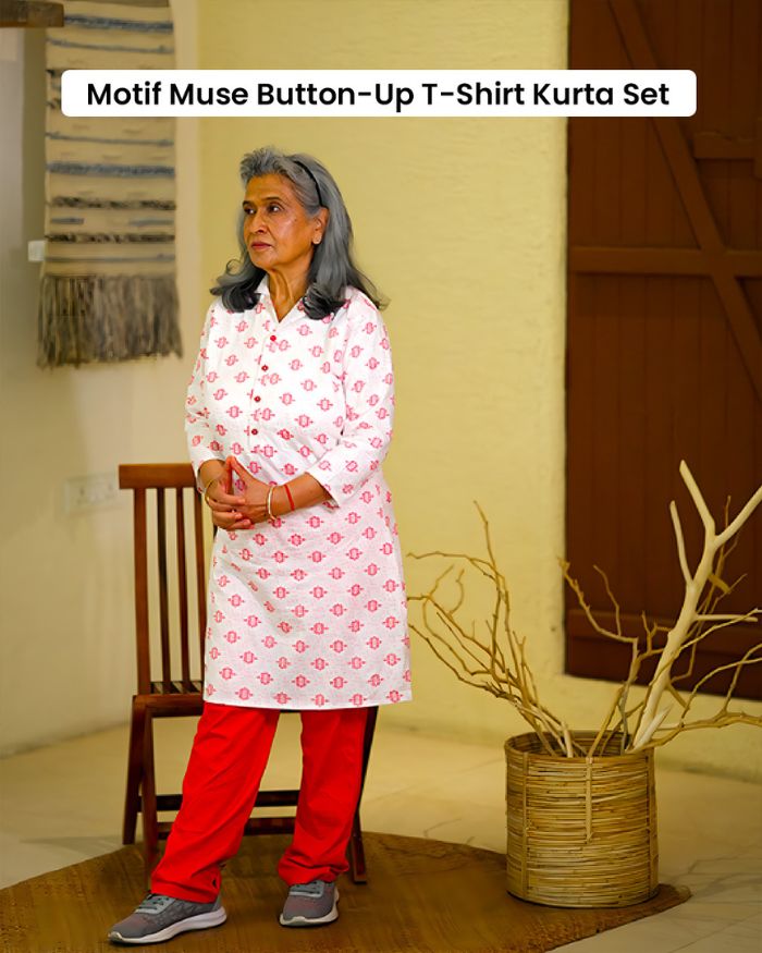 Motif Muse Button Up T-shirt Kurta Set (T-shirt Button Up Printed Motifs Kurta and Pant Set)