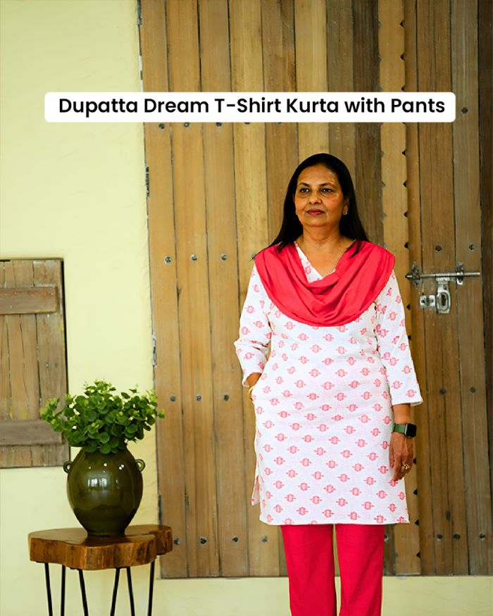 Dupatta Dream T-shirt Kurta Set (T-shirt Printed Kurta with Attached Dupatta and Pants)
