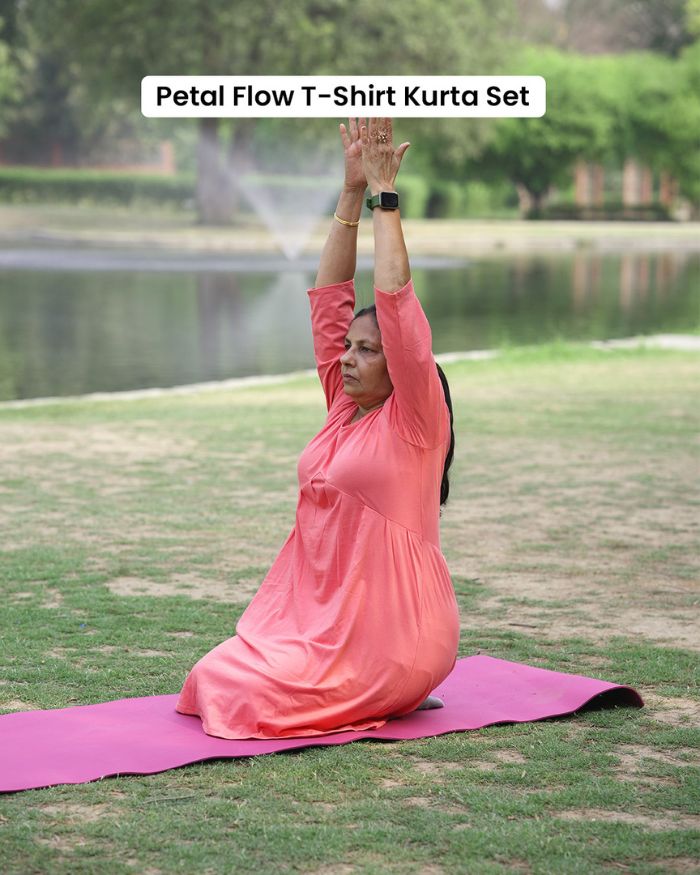 Petal Flow T-shirt Kurta Set Pink (T-shirt Flared Pink Kurta and Pant Set) - Slim Fit –