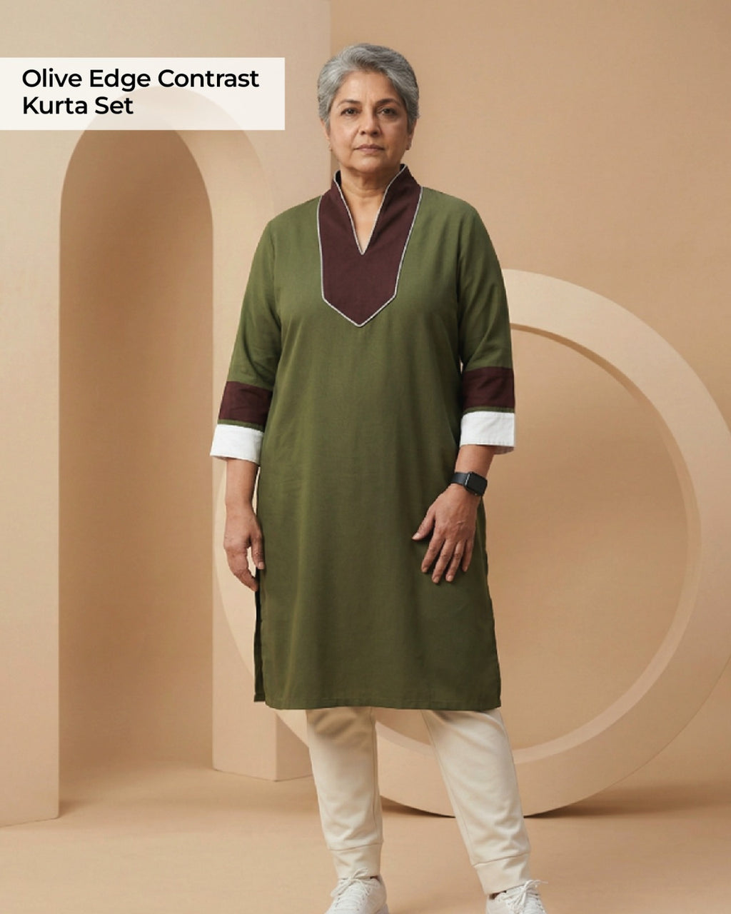 Olive Edge Contrast Kurta Set