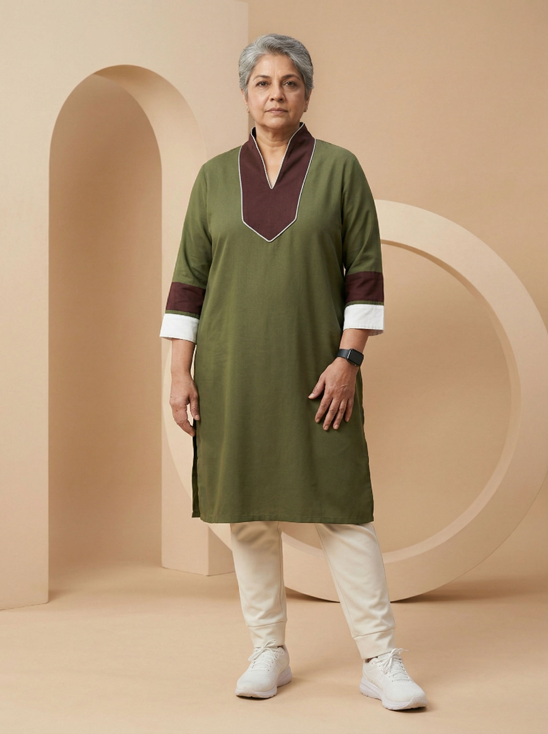 Olive Edge Contrast Kurta Set
