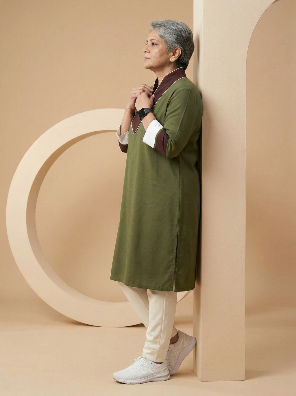Olive Edge Contrast Kurta Set