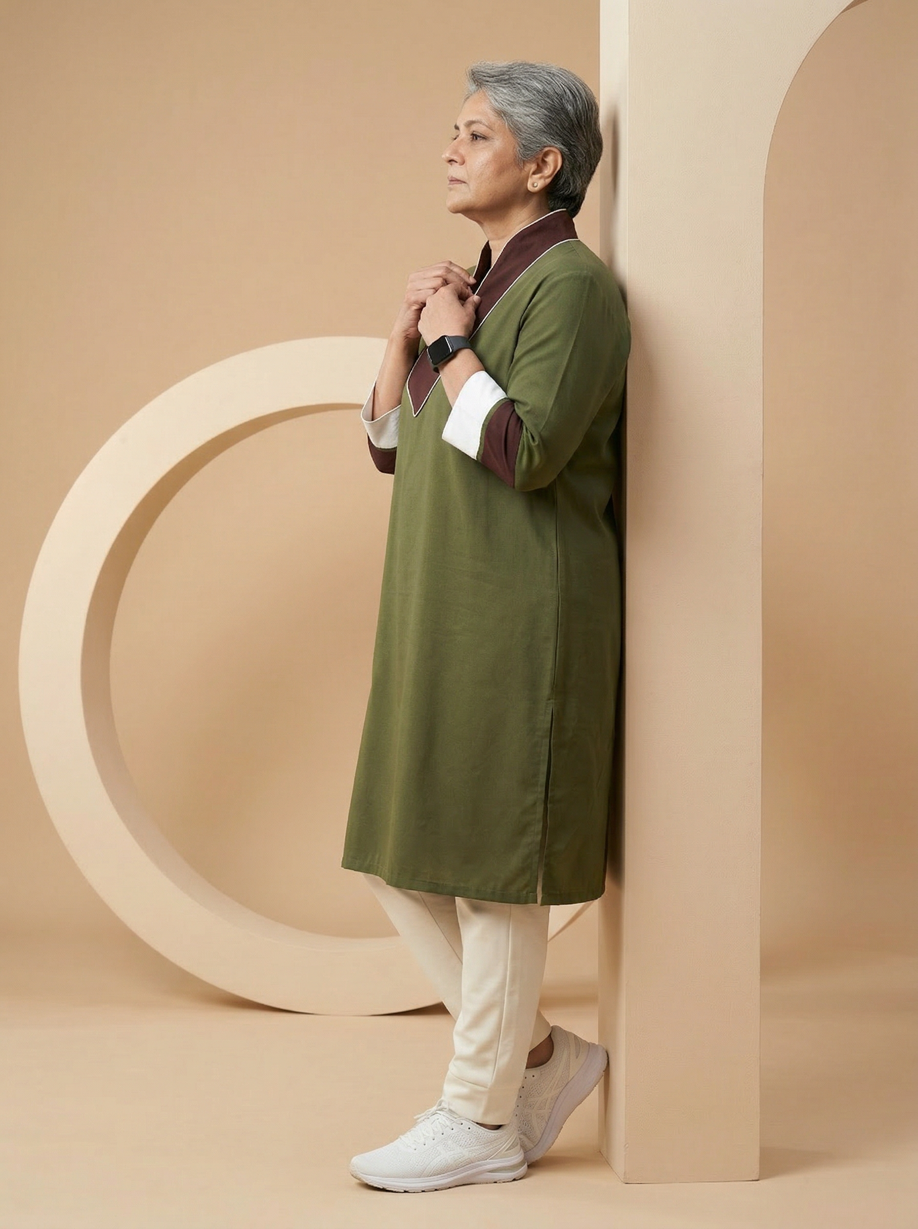 Olive Edge Contrast Kurta Set